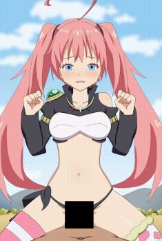 1boy 1girl animated animated_gif black_panties blue_eyes breasts censored hetero long_hair medium_breasts milim_nava navel panties pink_hair r.exe sex tensei_shitara_slime_datta_ken twintails underwear rating:Explicit score:150 user:Leon-478