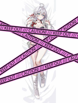  1girl absurdres ahoge alisa_mikhailovna_kujou bed_sheet black_bra black_panties blue_eyes blush bow bowtie bra breasts caution_tape cleavage closed_mouth collared_shirt commentary_request crossed_bangs dakimakura_(medium) embarrassed grey_hair hair_between_eyes hair_ribbon hands_up highres long_hair long_sleeves looking_to_the_side lying momoko_(momopoco) official_art on_back open_clothes open_shirt panties red_bow red_bowtie red_ribbon ribbon second-party_source shirt socks solo tokidoki_bosotto_roshia-go_de_dereru_tonari_no_alya-san underwear unworn_bowtie white_shirt white_socks wing_collar 