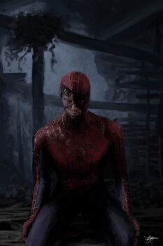  1boy abandoned absurdres animal_print arms_at_sides blood blood_on_body blood_on_face blood_on_mouth blue_bodysuit bodysuit brown_hair closed_eyes closed_mouth commentary dated english_commentary facing_down head_down highres injury kneeling lips male_focus marvel mask multicolored_bodysuit muscular muscular_male nibkuna night outdoors peter_parker plank print_bodysuit red_bodysuit red_mask ruins signature solo spider-man spider-man_(series) spider-man_1_(2002) spider_print spider_web_print superhero_costume torn_bodysuit torn_clothes torn_mask two-tone_bodysuit 