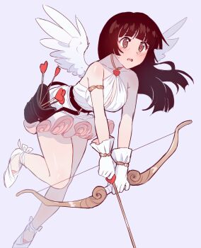  1girl angel_wings arrow_(projectile) black_hair blush bow_(weapon) bracelet breasts brown_eyes choker cupid dress elfen_lied embarrassed gloves heart heart_arrow highres holding holding_arrow holding_bow_(weapon) holding_weapon jewelry long_hair nifffi nozomi_(elfen_lied) one_leg_raised pink_frills quiver shoes solo straight_hair tagme weapon white_dress white_gloves white_shoes white_wings wings 