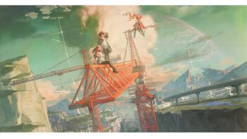  3girls angelina_(arknights) animal_ear_fluff animal_ears arknights arknights:_endfield bird_ears bird_girl black_boots black_hair black_jacket black_pantyhose black_thighhighs boots breasts brown_hair cloud coat crane_(machine) creamyghost cumulonimbus_cloud dangling day dress dutch_angle endministrator_(arknights) eye_mask female_endministrator_(arknights) floating_clothes floating_hair fold-over_boots fox_ears fox_girl gilberta_(arknights) grey_dress headpiece high_collar high_up highres hill jacket letterboxed long_hair long_sleeves looking_to_the_side mask medium_breasts medium_hair multiple_girls official_art open_clothes open_coat open_jacket outdoors pantyhose perlica_(arknights) planet red_coat scenery second-party_source shading_eyes short_dress sitting staff_riding standing sweater thighhighs twintails white_dress white_jacket white_sweater wide_sleeves zettai_ryouiki 