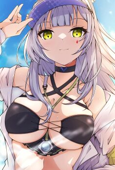  1girl absurdres between_breasts bikini black_bikini black_choker blue_sky breasts choker countdown_timer cross-laced_bikini cross-laced_clothes eyepatch_bikini girls'_frontline girls'_frontline_2:_exilium green_eyes grey_hair highres hk416_(girls'_frontline) kakuzatou_(cubesugar03196) klukai_(cerulean_breaker)_(girls'_frontline_2) klukai_(girls'_frontline_2) large_breasts long_hair looking_at_viewer necklace_between_breasts official_alternate_costume sky smile solo swimsuit teardrop_facial_mark upper_body visor_cap 