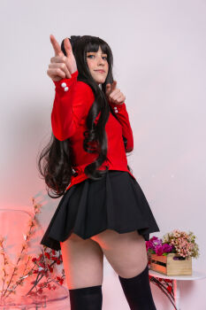  1girl absurdres ass black_bow black_skirt black_thighhighs blush bow box breasts cosplay cosplay_photo fate_(series) female_focus flower from_below hair_bow highres long_hair long_sleeves looking_back photo_(medium) pink_flower pleated_skirt pointing pointing_at_viewer purple_flower red_sweater skirt small_breasts smile solo stelarhoshi sweater table thighhighs tohsaka_rin tohsaka_rin_(cosplay) twintails  rating:Sensitive score:23 user:pugsaremydrugs