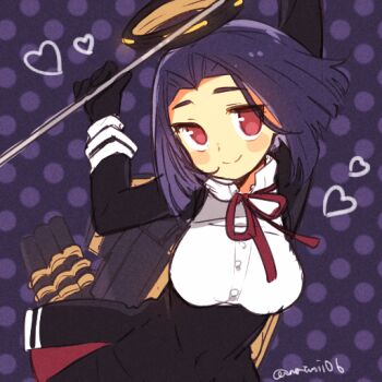  1girl black_gloves blush breasts dress gloves halo heart holding holding_polearm holding_weapon kantai_collection large_breasts long_sleeves looking_at_viewer mechanical_halo natsumi_(natumi06) neck_ribbon polearm polka_dot polka_dot_background purple_hair red_eyes red_ribbon ribbon rigging smile solo tatsuta_(kancolle) twitter_username weapon 