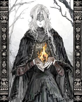  1girl arm_wrap black_capelet blindfold_mask border capelet cloak covered_eyes curtained_hair dark_souls_(series) dark_souls_iii facing_viewer fire_keeper highres holding_flame kirkkafrr long_hair mask ornate_border pale_skin solo tree white_hair 