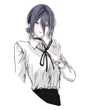  1girl aiomita black_choker black_ribbon blush chainsaw_man choker cropped_arm cropped_legs frilled_cuffs frilled_sleeves frills green_eyes hair_between_eyes hair_bun hand_up highres looking_at_viewer medium_hair neck_ribbon open_mouth partially_unbuttoned purple_hair reze_(chainsaw_man) ribbon shirt shirt_tucked_in sketch white_background white_shirt 