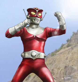  1boy alien antennae blue_sky bush day dias_(tajima_kouki) fighting_stance gloves glowing glowing_eyes highres kaijin lens_flare mountain no_humans no_pupils redman redman_(character) seijin sky sun superhero_costume tree tsuburaya_productions yellow_eyes 