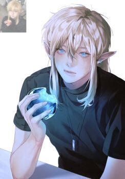  1boy black_shirt blonde_hair blue_eyes earrings hair_between_eyes hashtag-only_commentary highres holding jewelry jxnhanj link long_hair looking_at_viewer male_focus necklace nintendo pointy_ears reference_inset shirt simple_background solo the_legend_of_zelda upper_body white_background 