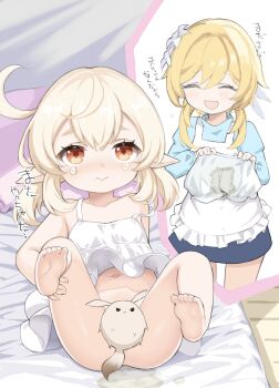  2girls absurdres bedwetting blush convenient_censoring genshin_impact highres klee_(genshin_impact) loli lumine_(genshin_impact) m-eine multiple_girls tears 