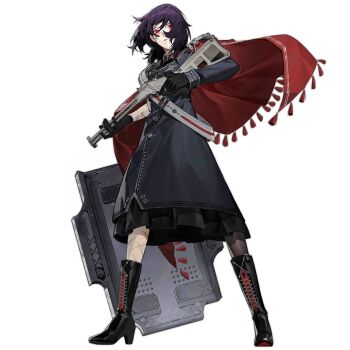  1girl artist_request asymmetrical_legwear black_boots black_dress black_gloves black_pantyhose boots breasts cape closed_mouth combination_gun dress expressionless full_body girls'_frontline gloves gun high_heel_boots high_heels holding holding_gun holding_weapon lace-up_boots large_breasts long_sleeves looking_at_viewer m6_aircrew_survival_weapon m6_asw_(girls'_frontline) medium_hair mismatched_legwear multiple-barrel_gun official_art pantyhose purple_hair red_cape red_eyes rifle scar scar_on_arm scar_on_face scar_on_leg shield shotgun simple_background solo standing straight-on survival_rifle transparent_background uniform weapon white_pantyhose 