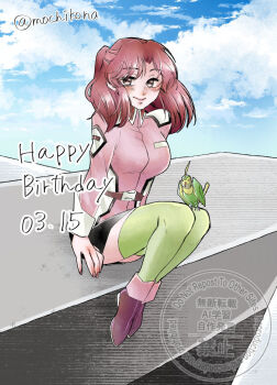  1girl artist_name bird black_skirt blue_sky blush breasts brown_eyes brown_hair closed_mouth cloud commentary_request dated day english_text eyelashes fingernails flay_allster full_body green_thighhighs gundam gundam_seed happy_birthday jacket long_hair long_sleeves mochikona outdoors pink_jacket purple_shoes shoes sitting skirt sky smile thighhighs torii_(gundam) watermark 
