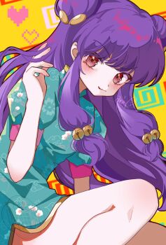  1girl bell blue_dress chinese_clothes commentary_request double_bun dress floral_print hair_bell hair_bun hair_ornament heart highres long_hair looking_at_viewer purple_hair ranma_1/2 red_eyes sakura_arino shampoo_(ranma_1/2) sidelocks signature smile watermark 