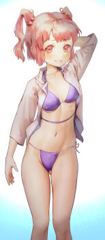  1girl arm_behind_head arm_up bikini blue_bikini blue_ribbon blush breasts collarbone collared_shirt commentary_request feet_out_of_frame gradient_background grin highres navel onozuka_komachi open_clothes open_shirt red_eyes red_hair ribbon shirt short_hair side-tie_bikini_bottom small_breasts smile solo stomach swimsuit thighs touhou two_side_up white_background white_shirt yawdeone 