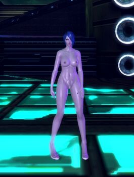  1girl animated animated_gif blue_hair breasts character_request colored_skin dancing female_focus hair_over_one_eye high_heels large_breasts lipstick long_legs maebari makeup nail_polish navel nipples nude purple_skin scarlet_blade shiny_skin short_hair solo 
