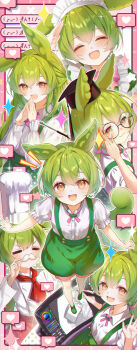  1girl :d ^_^ absurdres adjusting_eyewear apron black_hat blush bow bowtie brown_eyes chef chef_hat clip_studio_paint closed_eyes collared_shirt commentary_request emoticon fake_facial_hair fake_mustache frilled_hairband frilled_sleeves frills glasses green_hair green_shoes green_suspenders hairband hat heart highres holding holding_stylus kaomoji kuramoto_beta-carotene maid maid_apron maid_headdress making-of_available mortarboard multiple_views neck_ribbon necktie ojou-sama_zundamon open_mouth own_hands_together pea_pod pen_tablet pink_bow pink_bowtie pink_ribbon pixelated puffy_shorts puffy_sleeves red_necktie ribbon round_eyewear shirt shoes short_necktie shorts smile sparkle spoken_heart stylus suspender_shorts suspenders voiceroid voicevox white_hat white_headdress white_shirt zundamon 