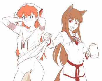  2girls alcohol animal_ears assisted_exposure beer blue_eyes bonnet bottomless breasts brown_hair censored cleavage clothes_lift collarbone convenient_censoring crossover cup embarrassed female_focus hip_focus holo mug multiple_girls navel neon_genesis_evangelion orange_hair red_eyes shirt shirt_lift simple_background souryuu_asuka_langley spice_and_wolf standing tail convenient_tail white_background  rating:Questionable score:53 user:am486dx4