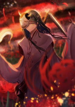  1girl absurdres asakura_karen_(heaven_burns_red) black_hair commentary_request flower hannya heaven_burns_red highres japanese_clothes kagmhisame kimono low_twintails mask noh_mask orange_eyes spider_lily twintails 
