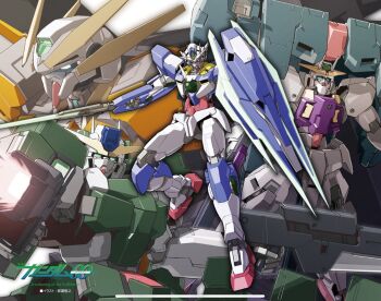  00_qan[t] artist_name beam_rifle blue_eyes commentary_request copyright_name energy_gun full_body green_eyes gun gundam gundam_00 gundam_00_a_wakening_of_the_trailblazer gundam_harute gundam_raphael gundam_zabanya highres holding holding_gun holding_sword holding_weapon mecha mecha_focus mobile_suit no_humans robot science_fiction shield sword v-fin weapon white_eyes yanase_takayuki 