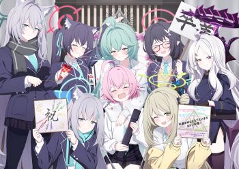  6+girls ;d abydos_high_school_logo ahoge alternate_hair_length_(shorter) animal_ears apple_t_(ringotyasan) aqua_hair ayane_(blue_archive) black_hair black_scarf black_skirt blue_archive blue_eyes blue_halo blue_jacket blue_necktie blue_scarf blush cat_ears cat_girl celebration closed_eyes closed_mouth collared_shirt commentary_request cross_hair_ornament crying demon_girl demon_horns flower foreclosure_task_force_(blue_archive) graduation green_halo hair_between_eyes hair_bun hair_flower hair_ornament halo hands_up happy highres hina_(blue_archive) holding holding_sign horns hoshino_(blue_archive) huge_ahoge jacket long_hair medium_hair miniskirt multiple_girls necktie nonomi_(blue_archive) official_alternate_hairstyle one_eye_closed open_mouth pink_hair pink_halo pleated_skirt purple_eyes red_halo scarf school_uniform serika_(blue_archive) shiroko_(blue_archive) shiroko_terror_(blue_archive) shirt sign single_hair_bun skirt slit_pupils smile squatting standing translation_request very_long_hair white_flower white_hair white_shirt wings yellow_eyes yume_(blue_archive) 