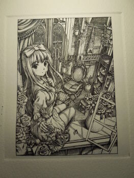  1girl architecture bow church cityscape commentary_request cup curtains dress engraving_(medium) finger_to_cheek flower flower_pot from_behind gothic_architecture hair_bow hanging_plant hatching_(texture) highres lineart long_hair long_sleeves looking_back mo_engraving on_windowsill open_window original perspective photo_(medium) plant potted_plant reaching reaching_towards_viewer sitting steeple table teacup through_window traditional_media window 