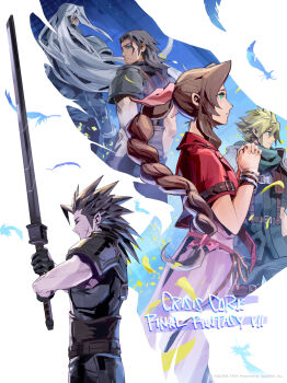  1girl 4boys absurdres aerith_gainsborough angeal_hewley armor black_hair braid braided_ponytail buster_sword cloud_strife commentary crisis_core:_final_fantasy_vii cropped_jacket dress english_commentary final_fantasy final_fantasy_vii final_fantasy_vii:_ever_crisis fujise_lisa grey_hair highres jacket long_hair multiple_boys official_art pink_dress promotional_art red_jacket sephiroth shoulder_armor sleeveless sleeveless_turtleneck spiked_hair sword turtleneck very_long_hair weapon zack_fair 