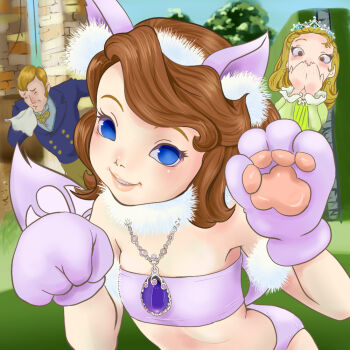  1boy 2girls amulet animal_ears bikini blonde_hair blue_eyes blue_jacket blue_shirt blush bow bowtie brown_bow brown_bowtie brown_hair cat_ears cat_girl cat_tail closed_eyes covered_mouth disney dress earrings father_and_daughter flat_chest formal_clothes fur_armlet fur_collar gloves green_dress grin handkerchief jacket jewelry king_roland_ii long_hair long_sleeves looking_at_viewer multiple_girls necklace oira_wa_arumajiro paw_gloves princess_amber purple_bikini purple_gloves shirt short_hair siblings sisters smile sneezing sofia_(disney) sofia_the_first suit surprised swimsuit tail teeth tiara 