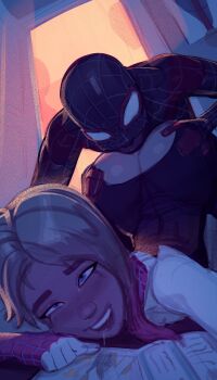  1boy 1girl aroused ass blonde_hair blush bodysuit clothing_cutout colored_tips crotch_cutout cunnilingus door drooling freckles grabbing_another's_ass groping gwen_stacy hetero highres honey_doo makeup marvel mask miles_morales multicolored_hair open_door oral pink_hair runny_makeup smile spider-gwen spider-man_(miles_morales) spider-man_(series) spider-verse spider_web_print superhero_costume top-down_bottom-up  rating:Explicit score:85 user:danbooru