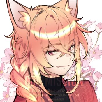  1boy animal_ear_fluff animal_ears black_shirt braid closed_mouth commentary commission crossed_bangs double-parted_bangs english_commentary fang fang_out flower fox_boy fox_ears hair_between_eyes highres jacket long_hair looking_at_viewer male_focus orange_hair original pink_eyes pink_flower portrait red_jacket ryuuxin shirt smile solo turtleneck turtleneck_shirt vgen_commission watermark 