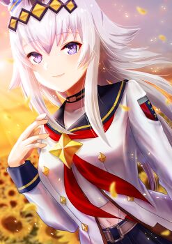  1girl animal_ears belt blue_eyes blue_sailor_collar blue_skirt blush breasts closed_mouth commentary_request ear_ornament flower grey_hair hair_between_eyes hair_ornament hairband highres horse_ears horse_girl jacket long_hair long_sleeves midriff multicolored_hair navel neckerchief oguri_cap_(starlight_beat)_(umamusume) oguri_cap_(umamusume) otono_(bkt4b) outdoors panty_straps pleated_skirt red_neckerchief sailor_collar shirt skirt smile solo sunflower umamusume white_jacket white_shirt 