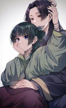  1boy 1girl arms_around_waist bandaged_wrist bandages beads black_jacket blue_eyes blue_ribbon blunt_bangs bow-shaped_hair buruma chinese_clothes closed_mouth commentary_request daifukumochi213 freckles green_hair green_shirt hair_beads hair_bun hair_ornament hair_ribbon hand_in_own_hair hetero highres hug hug_from_behind jacket jinshi_(kusuriya_no_hitorigoto) kusuriya_no_hitorigoto long_hair long_skirt maomao_(kusuriya_no_hitorigoto) own_hands_clasped own_hands_together parted_bangs pink_eyes purple_hair red_skirt ribbon shirt skirt smile upper_body white_background 