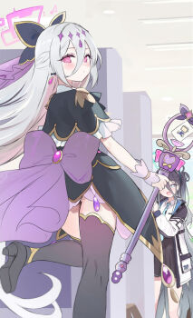  2girls aris_(blue_archive) back_bow black_hair black_shoes black_skirt black_thighhighs blue_archive blue_eyes bow closed_mouth collared_shirt commentary_request dress from_behind hair_between_eyes halo holding holding_staff houraku jacket kei_(blue_archive) kei_(new_body)_(blue_archive) long_hair_between_eyes looking_at_viewer looking_back magical_girl multiple_girls necktie open_mouth pink_eyes purple_bow shirt shoes skirt smile staff standing standing_on_one_leg thighhighs white_jacket white_shirt 