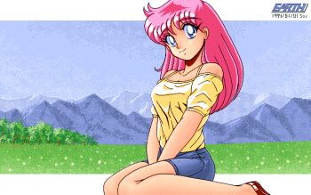  1994 1girl arms_between_legs artist_name bare_shoulders blue_eyes breasts closed_mouth commentary_request dated dated_commentary denim denim_shorts dithering earth_(earth_cg_gallery) foot_out_of_frame from_side grass large_breasts letterboxed long_hair looking_at_viewer mountainous_horizon no_socks off-shoulder_shirt off_shoulder original outside_border pc-98_(style) pink_hair pixel_art purple_sky red_shoes shirt shoes short_shorts short_sleeves shorts sitting sky smile solo tree v_arms wariza yellow_shirt 