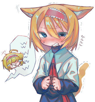  +++ 2girls ahoge alice_margatroid animal_ears blonde_hair blue_dress blue_eyes blush capelet cat_ears cat_girl cat_tail chibi chibi_inset cigarette collared_capelet commentary_request cookie_(touhou) dress ears_down frilled_hairband frills grin hair_between_eyes hairband highres jigen_(cookie) kemonomimi_mode long_bangs long_sleeves looking_at_viewer melanin_shikiso multiple_girls nose_blush red_hairband short_hair simple_background smile solo_focus tail taisa_(cookie) touhou trembling upper_body white_background white_capelet 