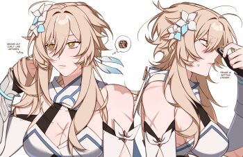  1girl arm_armor arrow_(symbol) bare_shoulders black_gloves blonde_hair breasts brown_eyes cleavage closed_mouth commentary detached_sleeves dress english_commentary english_text feather_hair_ornament feathers fingerless_gloves flower genshin_impact gloves hair_between_eyes hair_flower hair_ornament highres holding holding_own_hair large_breasts long_sleeves looking_to_the_side lumine_(genshin_impact) majunjuu multiple_views scar scar_on_face short_hair sidelocks simple_background sleeveless sleeveless_dress speech_bubble squiggle sweatdrop thought_bubble upper_body white_background white_dress white_flower white_sleeves yellow_pupils 