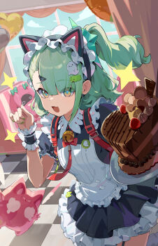  1girl :3 absurdres animal_ear_hairband animal_ears apron balloon bangboo_(zenless_zone_zero) bell black_dress breasts cake cat_ear_hairband cat_ears checkered_floor chocolate_cake cloud day diner dress fake_animal_ears fake_wings food frilled_apron frilled_dress frilled_wrist_cuffs frills garter_straps ghost_hair_ornament green_eyes green_hair green_nails hair_ornament hairband hairclip hand_up heart heart-shaped_cake heart-shaped_food heart_balloon high_ponytail highres logo looking_at_viewer maid maid_apron maid_headdress medium_hair nail_polish neck_bell official_alternate_costume official_art open_mouth paw_pose ponytail puffy_short_sleeves puffy_sleeves red_bag short_dress short_sleeves small_breasts source_request sparkle sunna_(afternoon_tea_break)_(zenless_zone_zero) sunna_(zenless_zone_zero) unconventional_maid valentine window wings wrist_cuffs zenless_zone_zero 