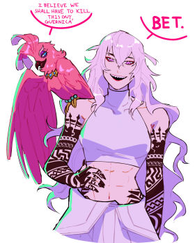  1girl abs animal animal_on_shoulder arm_tattoo bare_shoulders bird bird_on_shoulder black_nails breasts clothes_around_waist commentary crocrubies english_commentary english_text eyeshadow finger_tattoo guernica_(p5t) hair_between_eyes hand_on_own_hip hand_tattoo highres hip_tattoo i_think_we're_gonna_have_to_kill_this_guy_steven_(meme) jacket jacket_around_waist long_hair looking_at_viewer makeup medium_breasts meme navel pants parrot persona persona_5 persona_5_tactica purple_eyes red_eyeshadow sharp_teeth shirt sleeveless sleeveless_shirt smile speech_bubble tank_top tattoo tattoo_sleeve teeth toned toned_female very_long_hair wavy_hair white_background white_hair white_jacket white_pants white_tank_top 