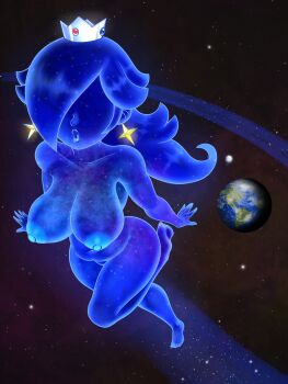  1girl absurdres ass breasts colored_skin cosmic_spirit crown curvy earrings facial_hair gradient_background highres jewelry large_breasts mario_(series) navel nintendo nipples nude sleepiitreat solo standing star_(symbol) star_earrings super_mario_galaxy_2 thighs wide_hips 