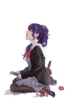  1girl apple apple_rabbit apple_slice asahina_mafuyu black_cardigan book breasts brown_pantyhose cardigan closed_eyes commentary_request crying flower food food_art from_side fruit full_body grey_serafuku grey_shirt grey_skirt hair_between_eyes hair_ornament hair_over_shoulder hair_scrunchie heart high_ponytail highres holding holding_book kneeling large_breasts long_hair long_sleeves miyamasuzaka_girls'_academy_school_uniform neckerchief no_shoes open_cardigan open_clothes open_mouth pantyhose pleated_skirt ponytail profile project_sekai purple_hair red_neckerchief sailor_collar school_uniform scrunchie serafuku shirt sidelocks simple_background skirt sleeves_past_wrists solo stuffed_animal stuffed_rabbit stuffed_toy tears white_background white_sailor_collar yuki_tama1231 
