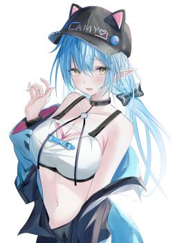  1girl absurdres armpit_crease black_jacket blue_hair blush bra breasts cleavage commentary_request elf highres hololive jacket kageboushi_(kageboushi_desu) large_breasts long_hair low_twintails parted_lips pointy_ears single_bare_shoulder single_off_shoulder smile solo twintails underwear upper_body virtual_youtuber white_background white_bra yellow_eyes yukihana_lamy yukihana_lamy_(cyber) 