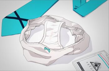  akaino_(akaomi) aqua_bow aqua_necktie blue_archive bow bow_panties hoshino_(blue_archive) id_card necktie no_humans panties panties panty_focus stained_panties underwear unworn_necktie unworn_panties white_background white_panties  rating:Questionable score:87 user:lazycatx64
