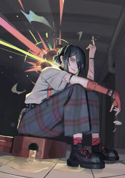  1girl absurdres alternate_costume asymmetrical_sleeves belt black_belt black_choker black_hair black_shoes blurry bokeh bracelet chainsaw_man choker civiliron depth_of_field elbow_gloves explosion fingerless_gloves fishnet_top fishnets flower from_below full_body gas_can gasoline gloves green_eyes grenade_pin grey_shirt hair_between_eyes hair_bun highres holding holding_flower industrial_pipe jewelry looking_at_viewer pants plaid_clothes plaid_pants platform_shoes pointing pointing_up punk red_socks reze_(chainsaw_man) shirt shoes short_hair short_sleeves single_elbow_glove single_fingerless_glove sitting smile socks solo sparkle studded_belt tile_floor tiles  rating:General score:3 user:danbooru