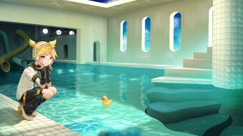  1boy arm_warmers aroeruji3 black_arm_warmers black_sailor_collar black_shorts blonde_hair breasts closed_mouth cloud commentary_request green_eyes hands_on_own_cheeks hands_on_own_face headphones headset highres indoors kagamine_len large_breasts leg_warmers liminal_space looking_at_viewer male_focus necktie ponytail pool pool_ladder rubber_duck sailor_collar shirt shoes short_hair short_ponytail short_sleeves shorts sky smile solo squatting stairs tile_floor tile_wall tiles vocaloid water_slide white_shirt white_shoes wide_shot window yellow_necktie 