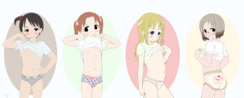  4girls :o absurdres ana_coppola ass back-print_panties black_eyes black_hair blonde_hair blue_eyes blue_panties blush brown_hair cake_print censored choppy_bangs closed_mouth clothes_lift commentary crotch_seam english_commentary flatculture food_print forehead fruit_print glasses grey_hair grey_panties hair_bobbles hair_ornament hair_ribbon hand_on_own_hip hand_up hands_up highres ichigo_mashimaro itou_chika loli long_hair looking_at_viewer matsuoka_miu medium_hair mosaic_censoring multiple_girls navel nipples no_bra no_pants one_side_up panties parted_lips pink_panties pink_ribbon print_panties raised_inner_eyebrows ribbon sakuragi_matsuri shirt shirt_lift short_hair short_sleeves sports_panties stomach strawberry_panties strawberry_print t-shirt tongue tongue_out twintails underwear v-shaped_eyebrows variant_set wavy_mouth white_shirt 