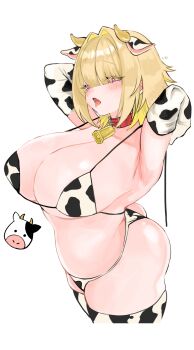  1girl animal_collar animal_ears animal_print armpits arms_behind_head bell bikini blonde_hair blush breasts cleavage collar commentary_request cow_ears cow_horns cow_print cow_print_bikini cow_print_gloves cow_print_thighhighs cowbell cropped_legs elbow_gloves elegg_(nikke) eyebrows_hidden_by_hair fake_animal_ears fake_horns from_side gloves goddess_of_victory:_nikke hair_between_eyes hair_intakes hair_over_eyes highres horns large_breasts looking_ahead neck_bell open_mouth print_bikini print_gloves print_thighhighs purple_eyes red_collar saki_illust short_hair sideboob solo swimsuit thighhighs tongue tongue_out 