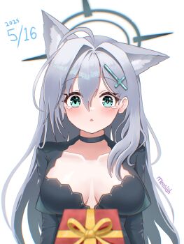  1girl 2025 absurdres ahoge animal_ear_fluff animal_ears arms_at_sides artist_name black_choker black_dress black_halo blue_archive blue_eyes blurry blush box breasts breasts_apart choker collarbone commentary cross_hair_ornament dated depth_of_field downturned_eyes dress extra_ears eyelashes gift gift_box grey_hair hair_behind_ear hair_between_eyes hair_intakes hair_ornament halo happy_tears highres large_breasts long_hair looking_at_viewer mensiah mismatched_pupils open_mouth pov shiroko_terror_(blue_archive) simple_background solo straight-on tareme tearing_up tears triangle_mouth upper_body very_long_hair white_background wolf_ears wolf_girl 