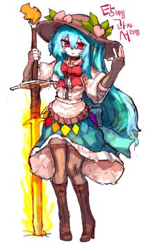  1girl absurdres black_gloves black_hat blue_hair blue_skirt boots bow bowtie brown_boots brown_thighhighs center_frills commentary fingerless_gloves food frills fruit full_body gloves greatsword hair_between_eyes hat hat_ornament high_heel_boots high_heels highres hinanawi_tenshi holding holding_sword holding_weapon korean_commentary korean_text leaf long_hair long_sidelocks looking_at_viewer parted_lips peach rainbow_order rampa93 red_bow red_bowtie red_eyes sidelocks simple_background skirt smile solo sword sword_of_hisou thighhighs touhou translation_request weapon white_background wide_sleeves zweihander 