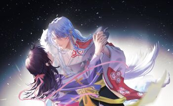  1boy 1girl arm_around_waist armor belt black_hair couple crescent crescent_facial_mark dancing facial_mark forehead_mark grey_hair hair_ribbon hetero highres holding_hands interlocked_fingers inuyasha japanese_armor japanese_clothes kimono looking_at_another pink_ribbon pointy_ears purple_kimono ribbon rin_(inuyasha) sesshoumaru suosuoyu upper_body wide_sleeves yellow_belt 