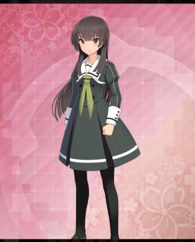  1girl black_pantyhose blunt_ends brown_hair brown_shoes buttons clenched_hand closed_mouth dot_nose double-breasted dress feet_out_of_frame floral_background game_cg green_dress green_neckerchief heijou_institute_school_uniform juujou_hiyori long_hair long_sleeves looking_at_viewer neckerchief official_art pantyhose pink_background pinstripe_dress pinstripe_pattern red_eyes sailor_collar school_uniform shoes sidelocks solo striped_clothes striped_dress third-party_source toji_no_miko toji_no_miko:_kizamishi_issen_no_tomoshibi vertical-striped_clothes vertical-striped_dress white_sailor_collar 