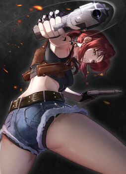  1girl absurdres ass belt beretta_92 black_lagoon black_panties black_tank_top breasts brown_eyes brown_hair crop_top cutoffs denim denim_shorts fingerless_gloves gloves grin gun handgun highres holster looking_at_viewer medium_breasts panties ponytail rebel_i revy_(black_lagoon) shorts shoulder_holster shoulder_tattoo smile tank_top tattoo tribal_tattoo underwear weapon  rating:Sensitive score:2 user:doopaboop