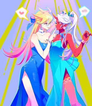  2girls absurdres angel aqua_dress aqua_nails aqua_outline aqua_ribbon back_ribbon bare_legs blonde_hair blue_dress blue_eyes blue_nails blue_ribbon blush bracelet breasts cleavage collarbone colored_skin commentary cowboy_shot dechel demon_girl demon_horns double-parted_bangs dress earrings eyeshadow face-to-face finger_to_another's_mouth finger_to_mouth fingernails gradient_hair green_eyes hair_between_eyes hair_ribbon hand_on_another's_waist hand_up heart highres horns jewelry kneesocks_(psg) lace lace-trimmed_thighhighs lace_trim long_dress long_eyelashes long_fingernails long_hair looking_at_another makeup medium_breasts multicolored_hair multiple_girls neck_ribbon necklace nose outline pale_skin panty_&amp;_stocking_with_garterbelt panty_(psg) parted_lips pink_eyeshadow pink_hair pink_lips pointy_ears pom_pom_(clothes) pom_pom_earrings purple_background purple_hair raised_eyebrows red_skin ribbon see-through_clothes see-through_legwear semi-rimless_eyewear sharp_fingernails shushing side_slit sidelocks silver_bracelet silver_earrings silver_necklace single_horizontal_stripe single_horn sleeveless sleeveless_dress spoken_blush spoken_heart standing straight_hair strapless strapless_dress swept_bangs symbol-only_commentary thighhighs triangle_earrings twintails two-tone_hair white_thighhighs yellow_outline yuri 